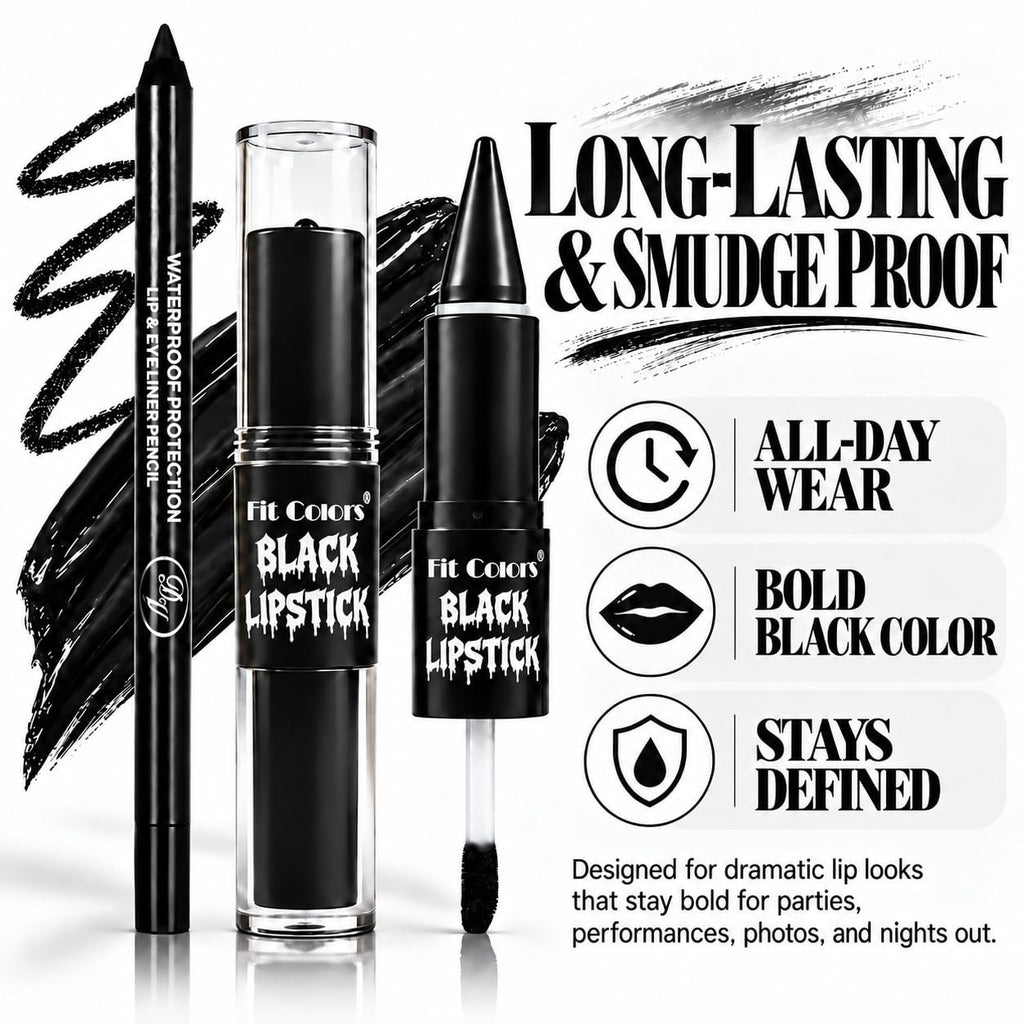 Black Liquid Lipstick & Lip Liner 2-in-1 Set - Waterproof Matte Finish