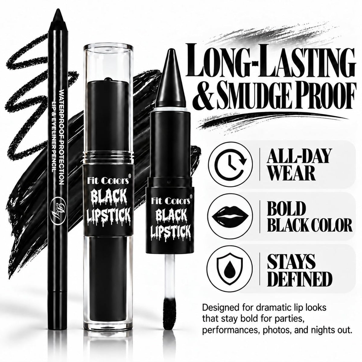 Black Liquid Lipstick & Lip Liner 2-in-1 Set - Waterproof Matte Finish