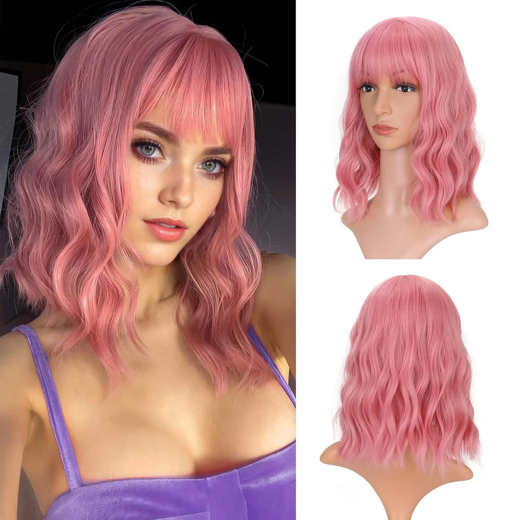 Pink Wavy Bob Wig with Air Bang - 14 Inch Curly Synthetic Hair for Women