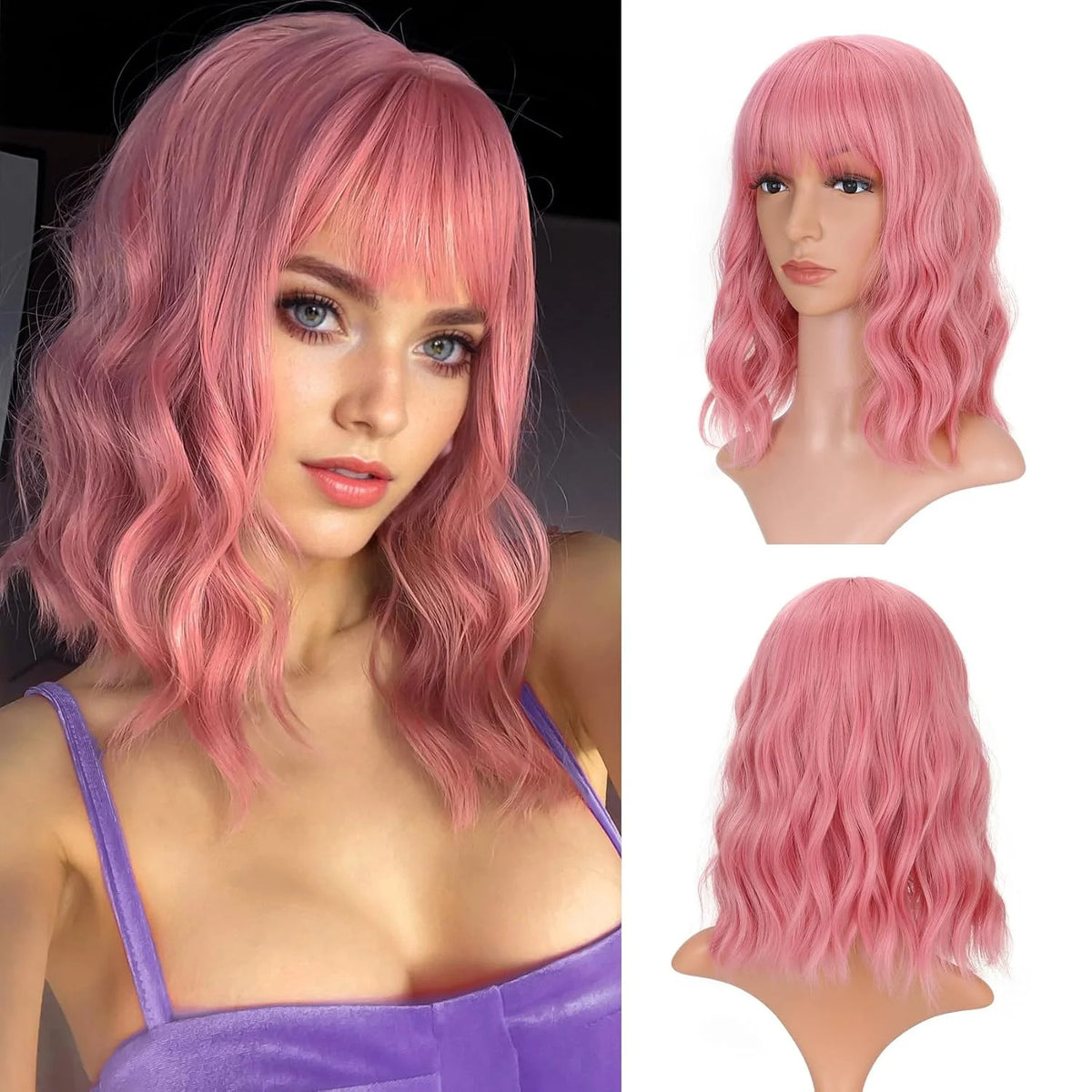 Pink Wavy Bob Wig with Air Bang - 14 Inch Curly Synthetic Hair for Women
