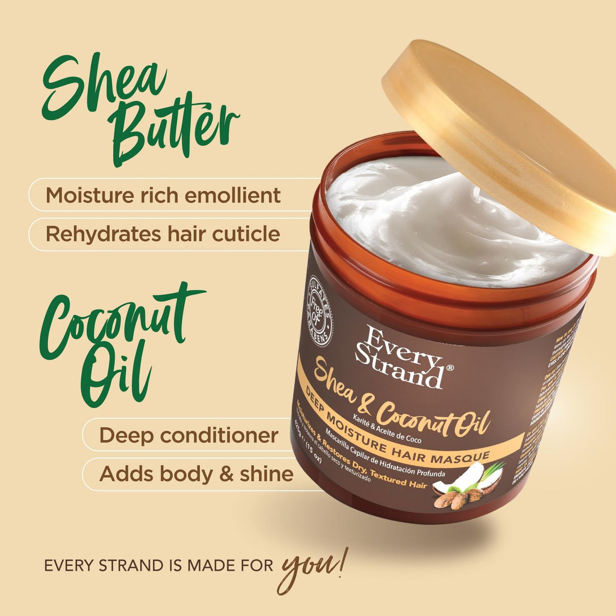 Deep Moisture Hair Mask with Shea & Coconut Oil - 15oz Jar - Repairs Damage & Adds Shine