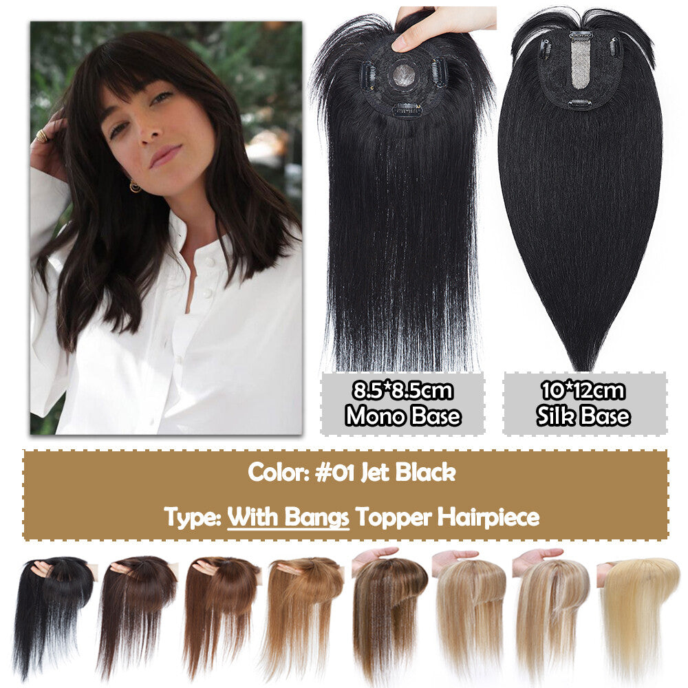 Human Hair Topper Hairpiece with Clip-In Mono Silk Base for Thinning Hair