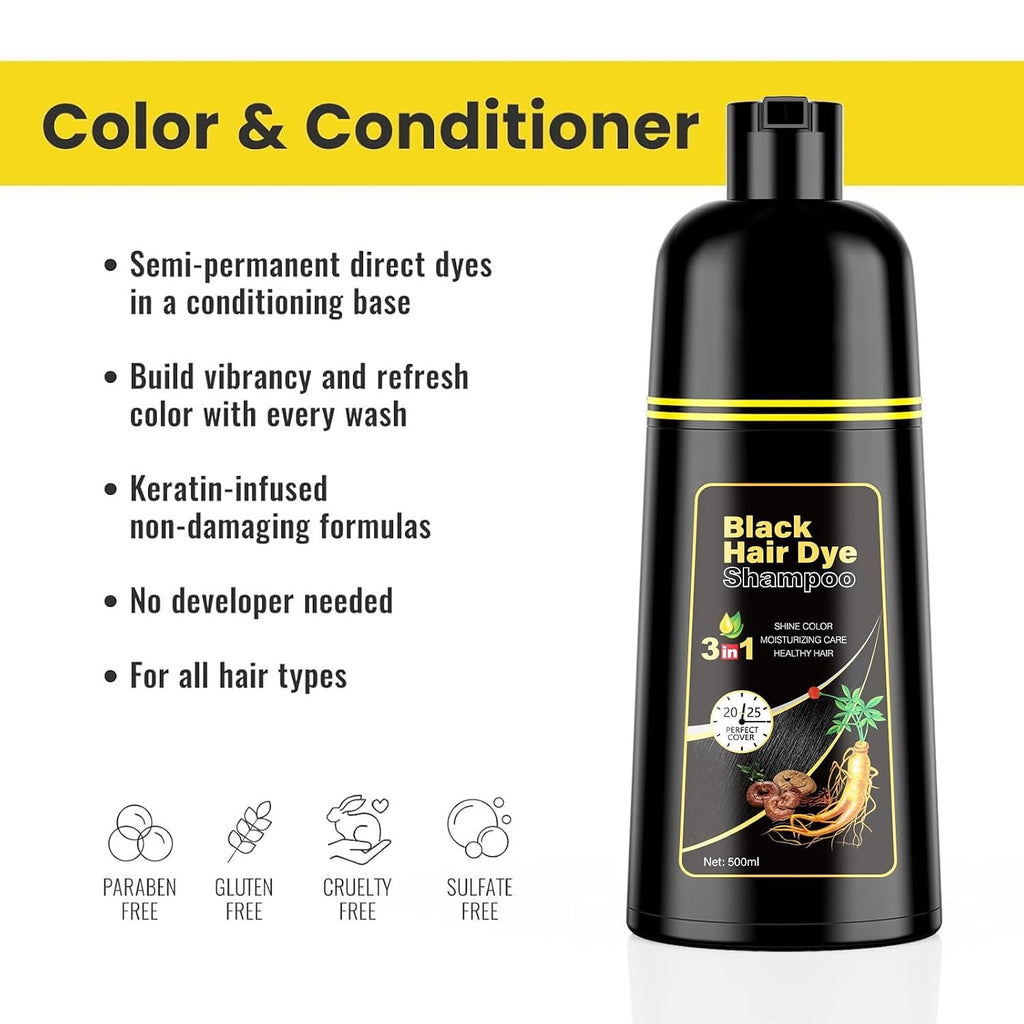 Herbal Black Hair Dye Shampoo 3-in-1 Natural Hair Color 200ml