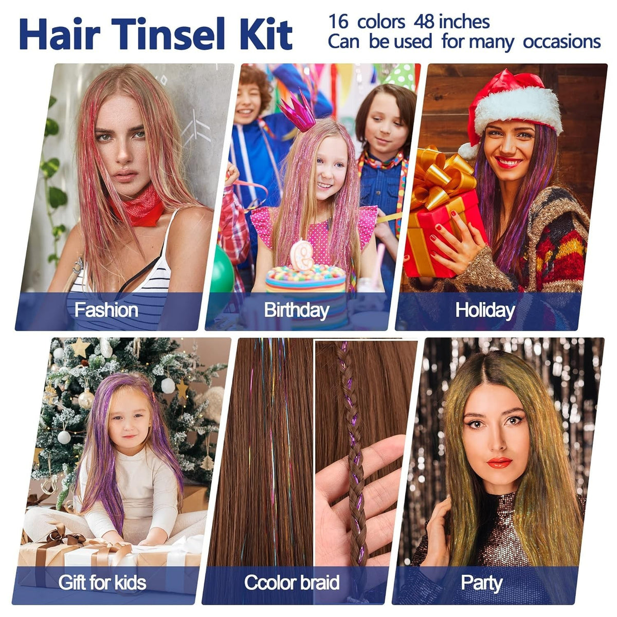 16-Color Hair Tinsel Kit - 48 Inch Sparkling Hair Extensions for Festivals & Events