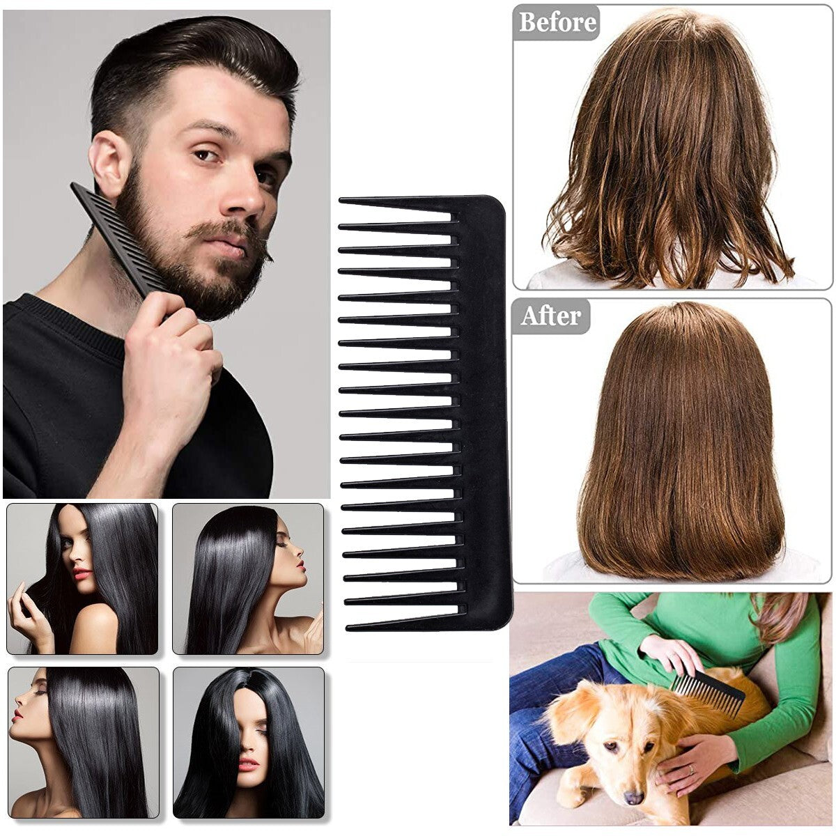 Wide Tooth Anti-Static Heat-Resistant Hair Comb for Detangling, Large Size