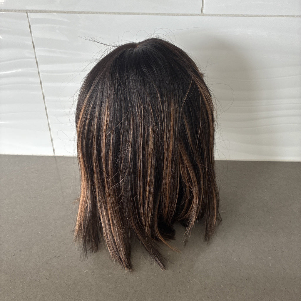 Brown Highlight Yaki Bob Wig with Bangs - Glueless Lace Cap, Medium Size