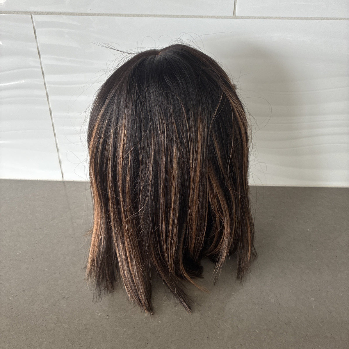 Brown Highlight Yaki Bob Wig with Bangs - Glueless Lace Cap, Medium Size
