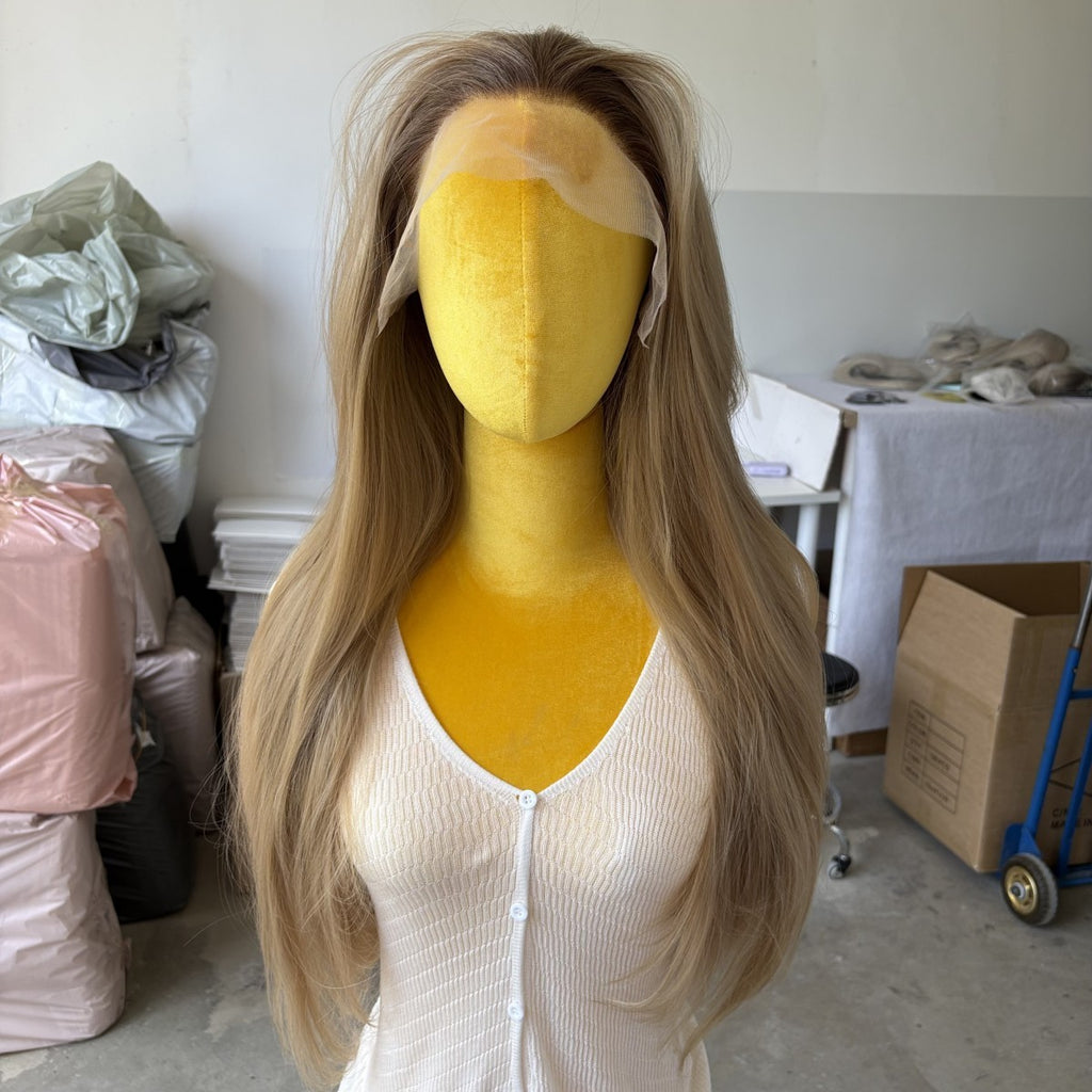 Ash Blonde Long Straight Synthetic Lace Front Wig Heat Resistant Glueless