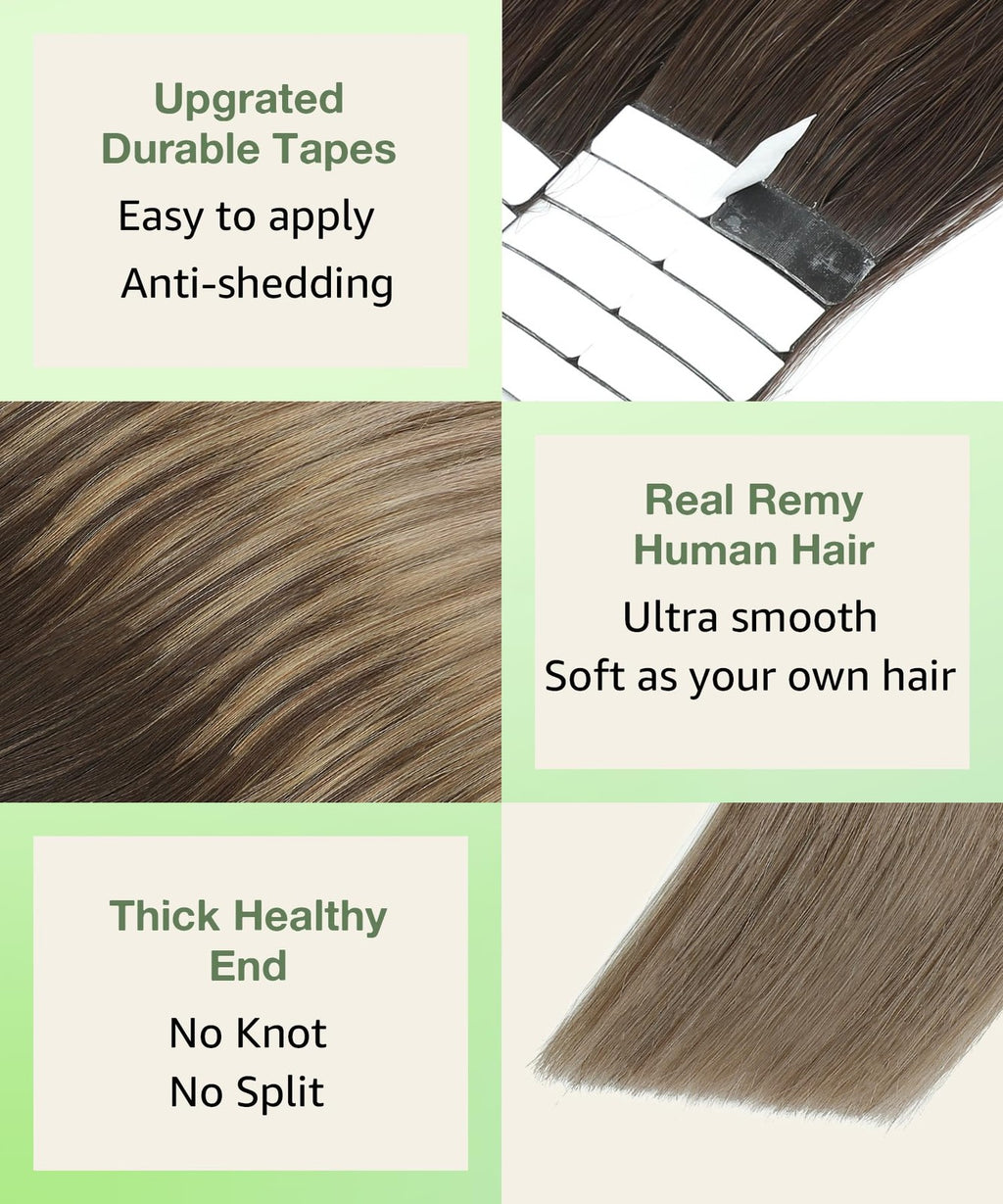 14 Inch Tape-in Human Hair Extensions - Balayage Brown Blend, 20 Pieces