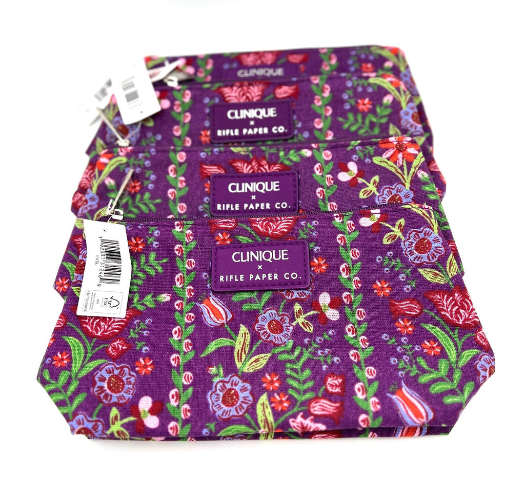 Clinique Rifle Paper Co. Makeup Bag with Floral Print - Purple, Set of 4