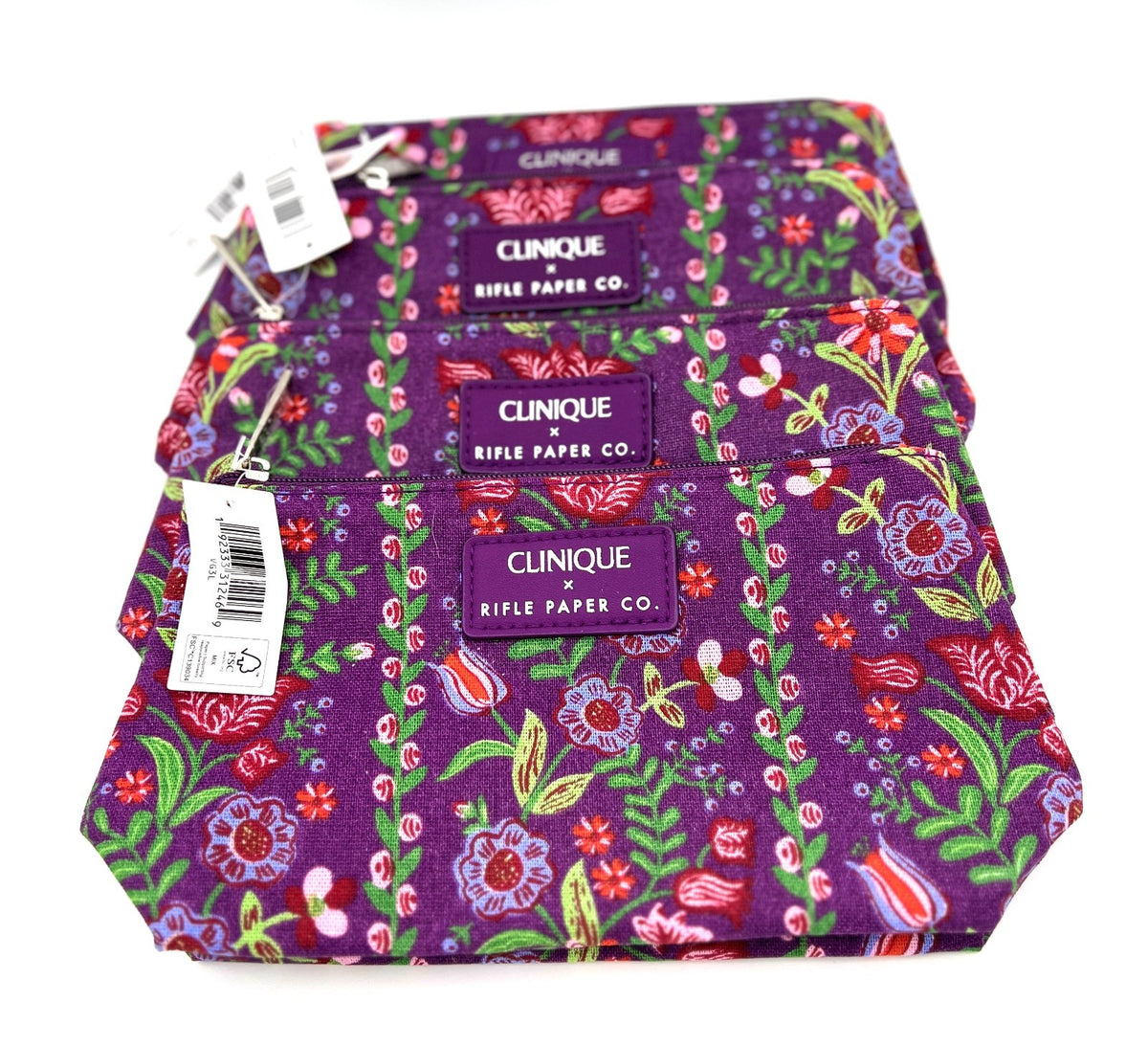 Clinique Rifle Paper Co. Makeup Bag with Floral Print - Purple, Set of 4