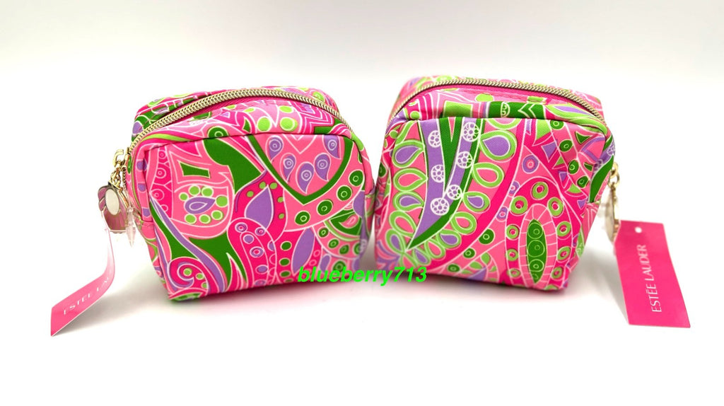 Pink Leaf Printed Makeup Coin Bag with Zipper - 2 Pack