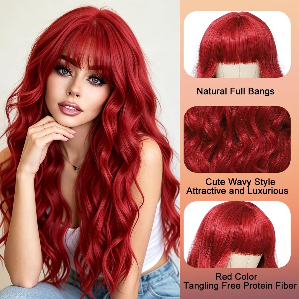 Long Red Wavy Curly Wig with Bangs - 26 Inch Synthetic Hair for Women