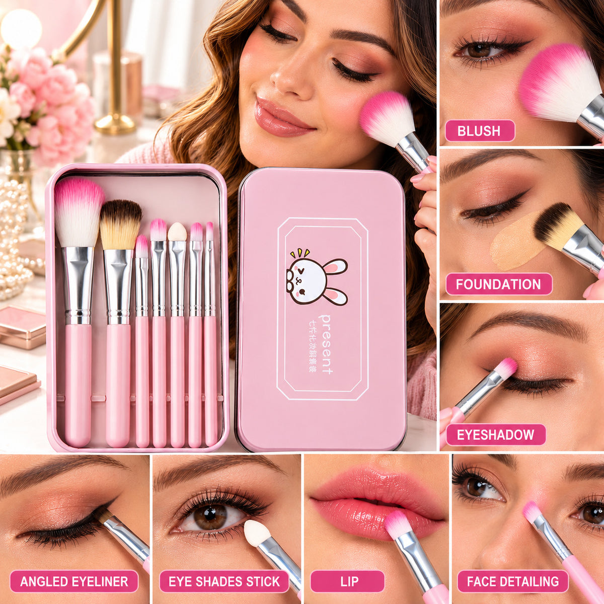 Pink Makeup Brush Set with Case - Cosmetic Face & Eye Brushes Travel Kit