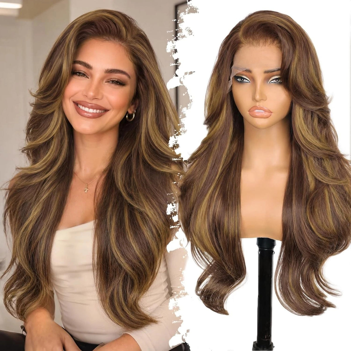 Long Human Hair Wigs with 13x4 HD Lace Front and Brown Highlights - Glueless Style