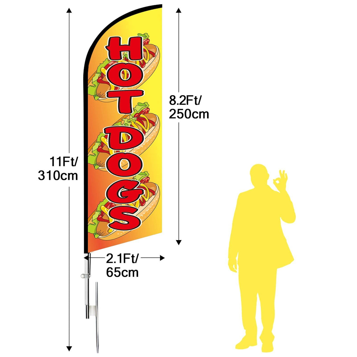 11FT Windless Hot Dog Feather Flag with Flagpole Ground Stake & Bag - Outdoor Promotional Banner