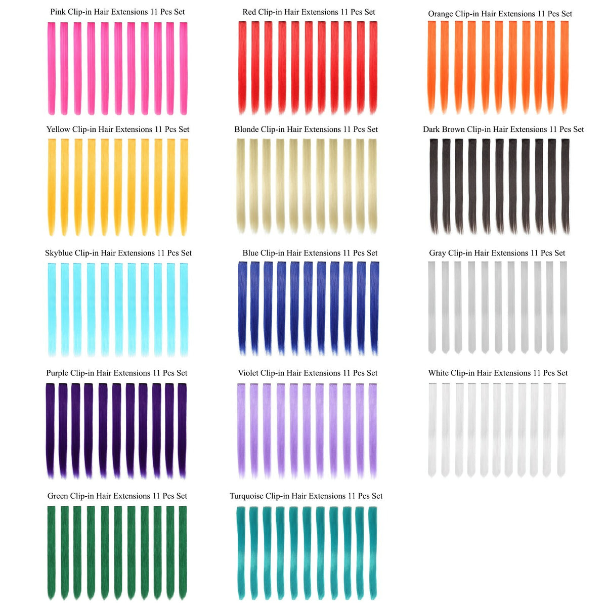 11 Pcs Clip-In Synthetic Hair Extensions - 21 Inch Colorful Straight Hair for Party & Cosplay
