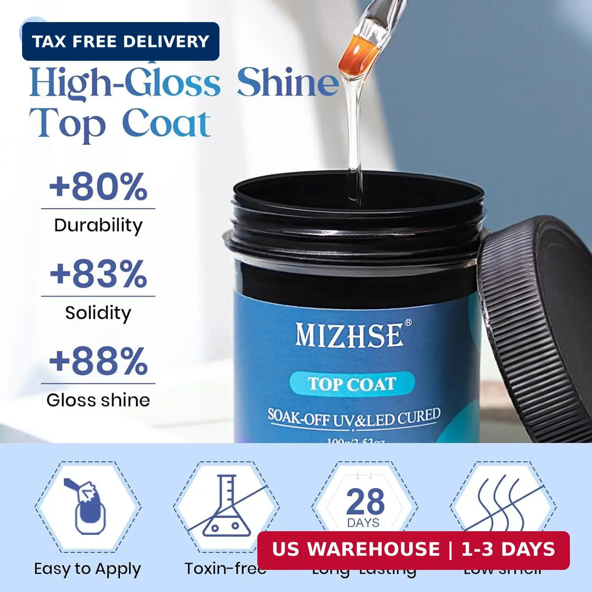100ml No Wipe Gel Top Coat for Nails - High Gloss Long Lasting Shine