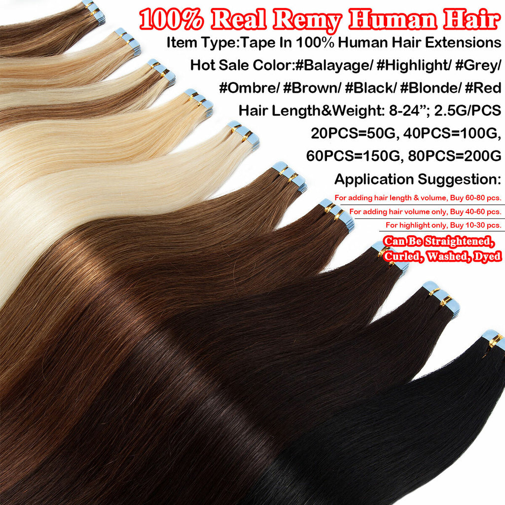 Russian Tape-In Human Hair Extensions - Thick Remy Hair, Multiple Colors & Lengths