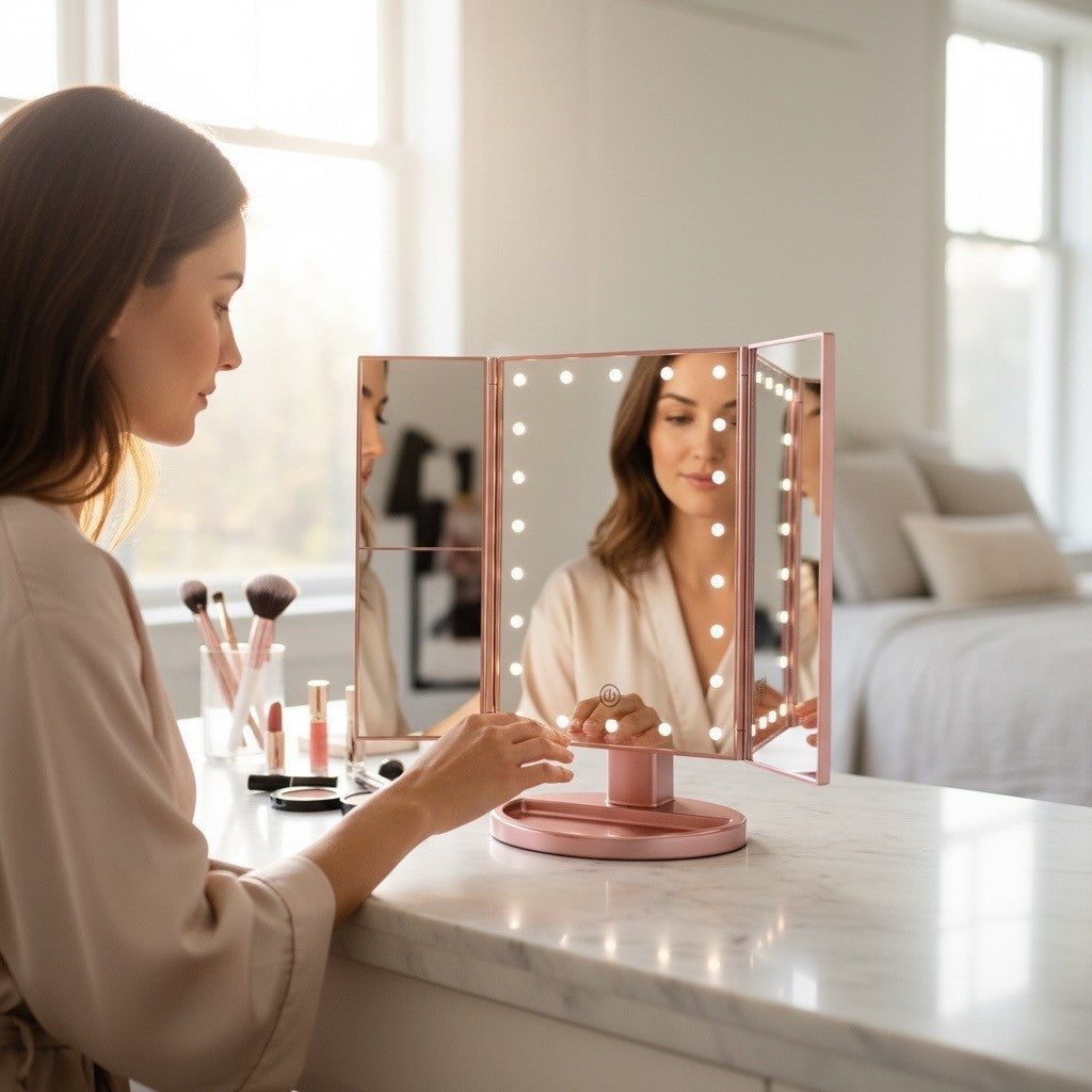 Tri-Fold Lighted Vanity Mirror with 22 LED, 1x 2x 3x Magnification, USB or Battery Powered, Rose Gold