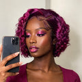 Purple Water Wave Human Hair Lace Front Wig 8 Inch T Part Curly Pixie Cut
