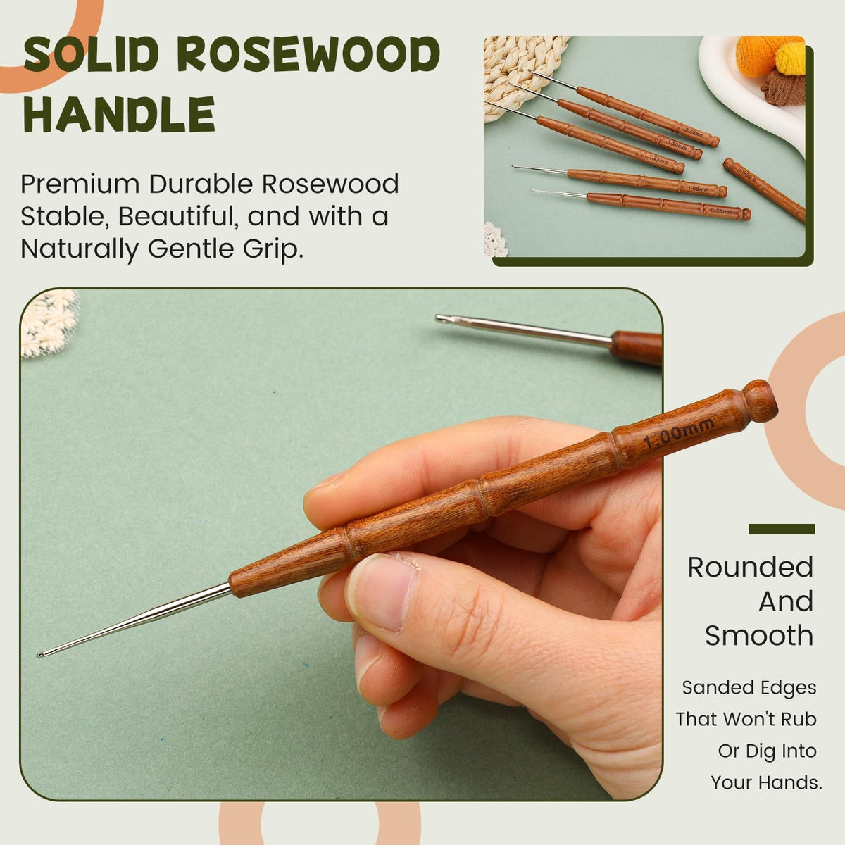 0.5mm Ergonomic Wooden Handle Crochet Hook for Fine Thread Lace Craft
