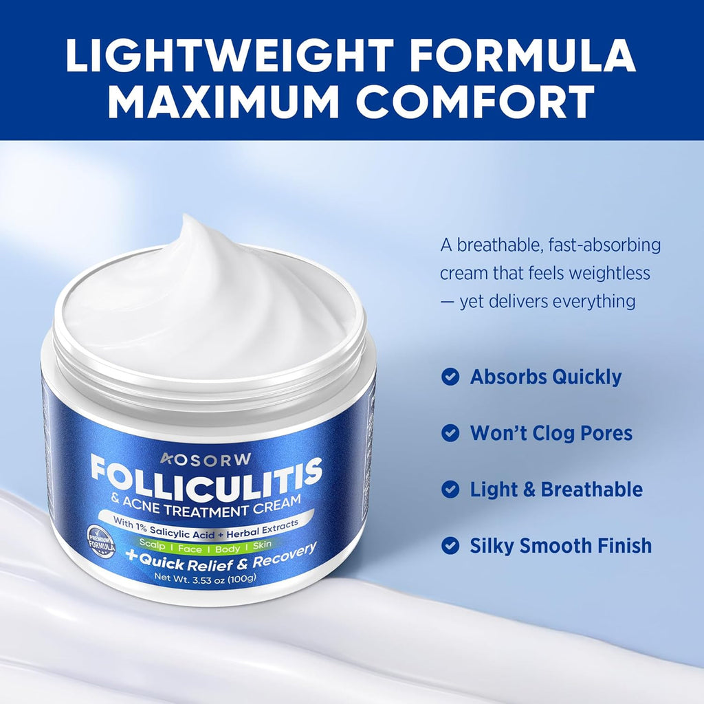 Folliculitis & Acne Treatment Cream with Salicylic Acid and Herbal Extracts for Scalp, Face, Body