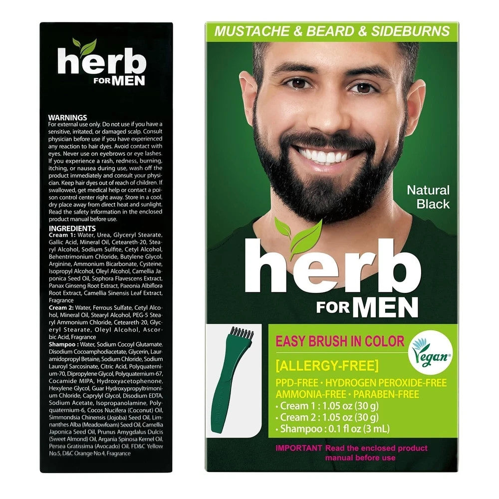 Herb for Men Mustache & Beard Dye Natural Black PPD-Free Vegan Easy-to-Use Kit