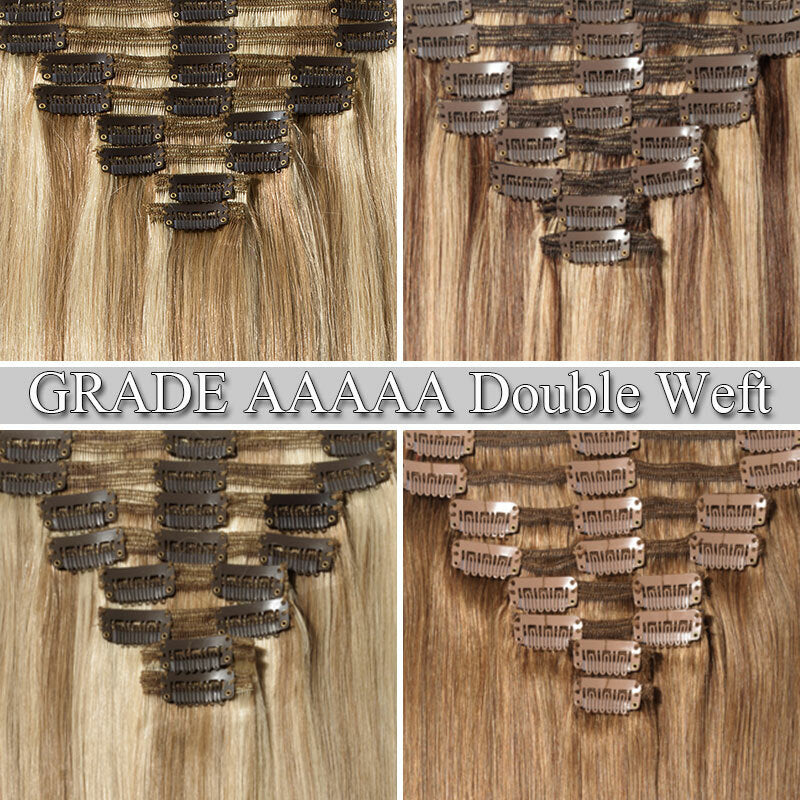 Double Drawn Human Hair Extensions Full Head Clip-In Weft Set - Brown