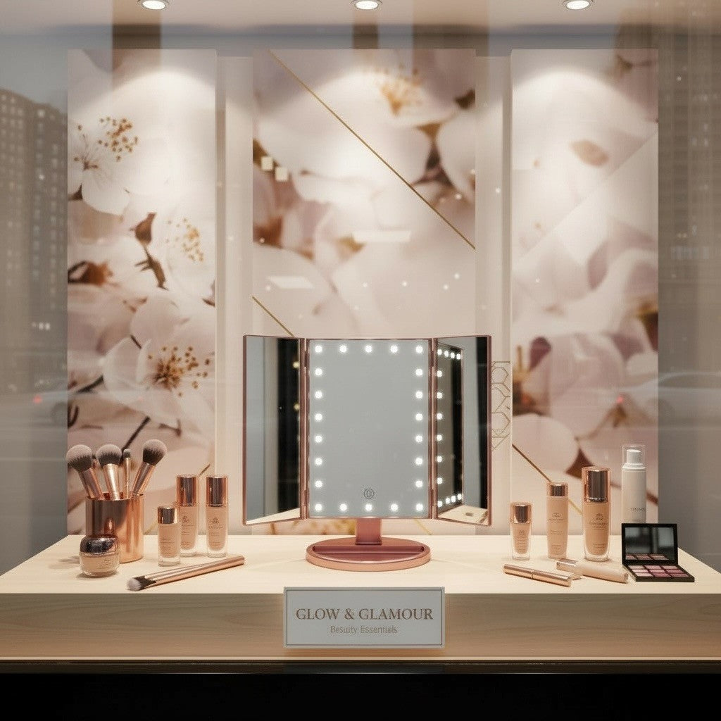 Tri-Fold Lighted Vanity Mirror with 22 LED, 1x 2x 3x Magnification, USB or Battery Powered, Rose Gold