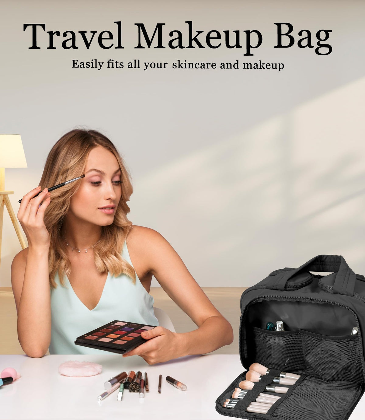 Travel Toiletry Bag for Women, Large Black Cosmetic Makeup Bag