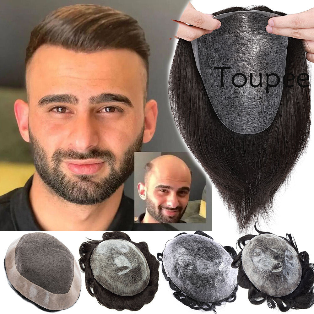 Natural Human Hair Toupee for Men - Full Poly Skin Replacement System