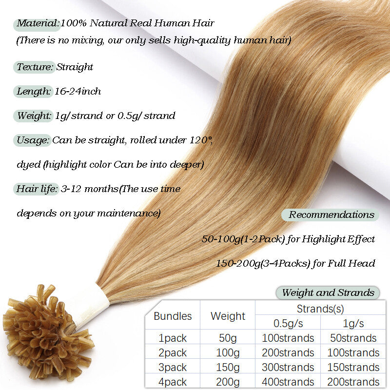 Keratin Bonded Hair Extensions 100% Human Remy Full Head Thick Hair - Multiple Colors & Lengths