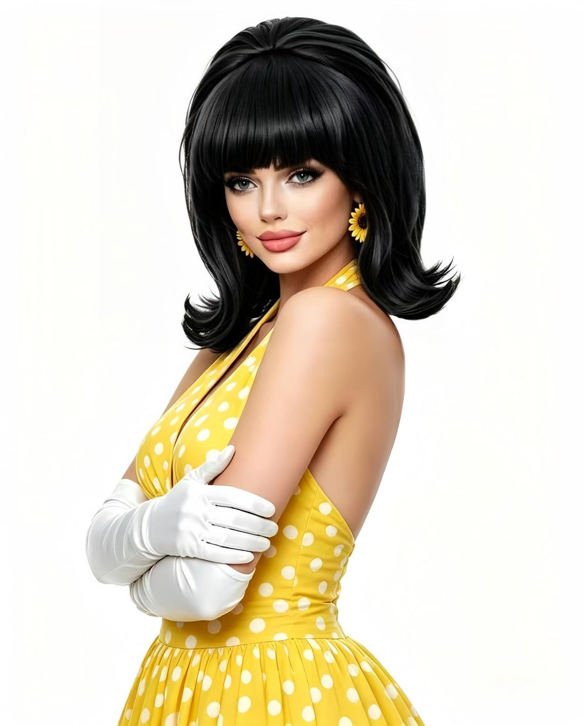 Short Black Wig with Bangs - Retro 80s Bouffant Beehive for Costumes & Halloween