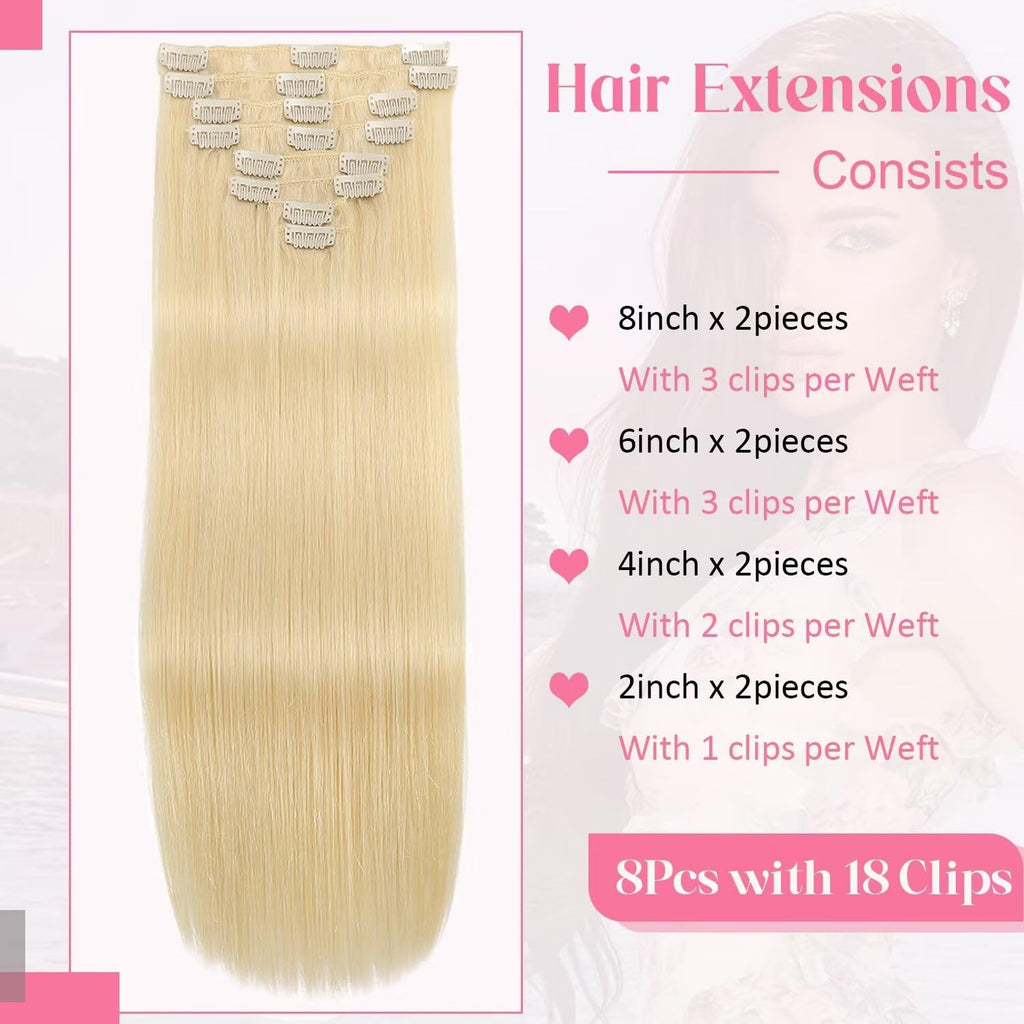 18 Inch Clip-In Hair Extensions Set - 8 Pieces in Platinum Blonde
