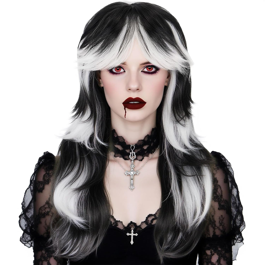 Long Black and White Gradient Wavy Wigs for Cosplay and Halloween