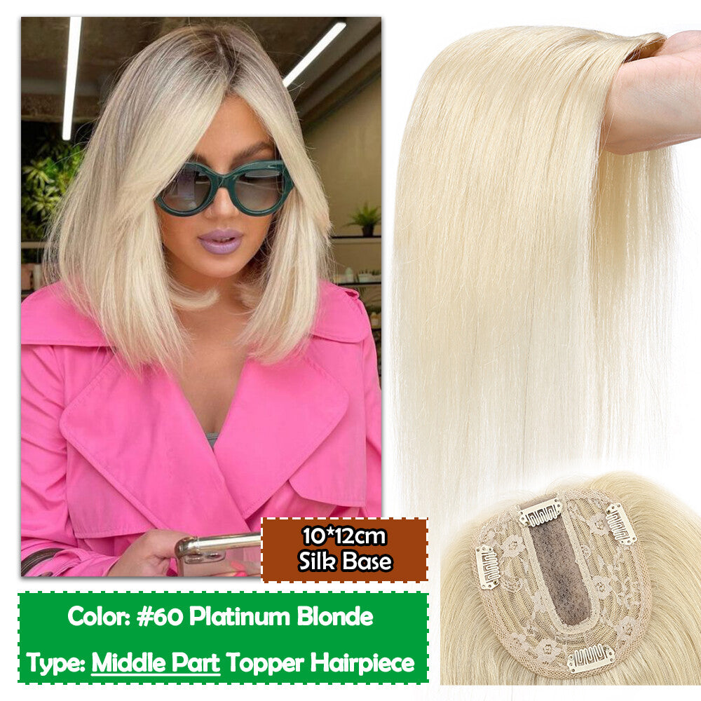 Human Hair Topper Hairpiece with Clip-In Mono Silk Base for Thinning Hair
