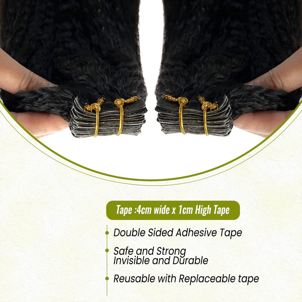 Human Hair Tape-In Extensions Kinky Straight Black for Women - 20 Inch