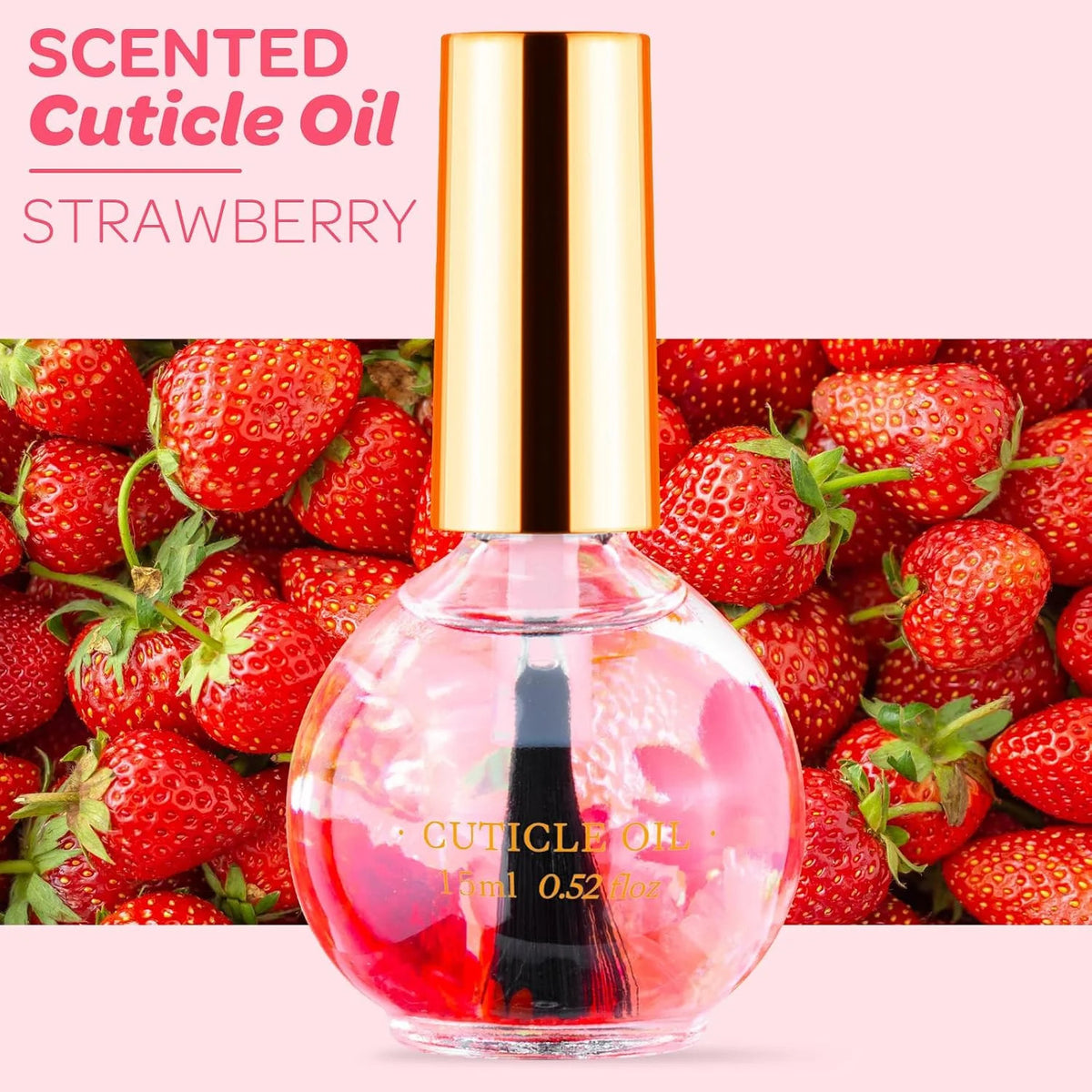 Strawberry Scented Cuticle Oil with Real Flowers - Hydrating Nail Care, 15ml