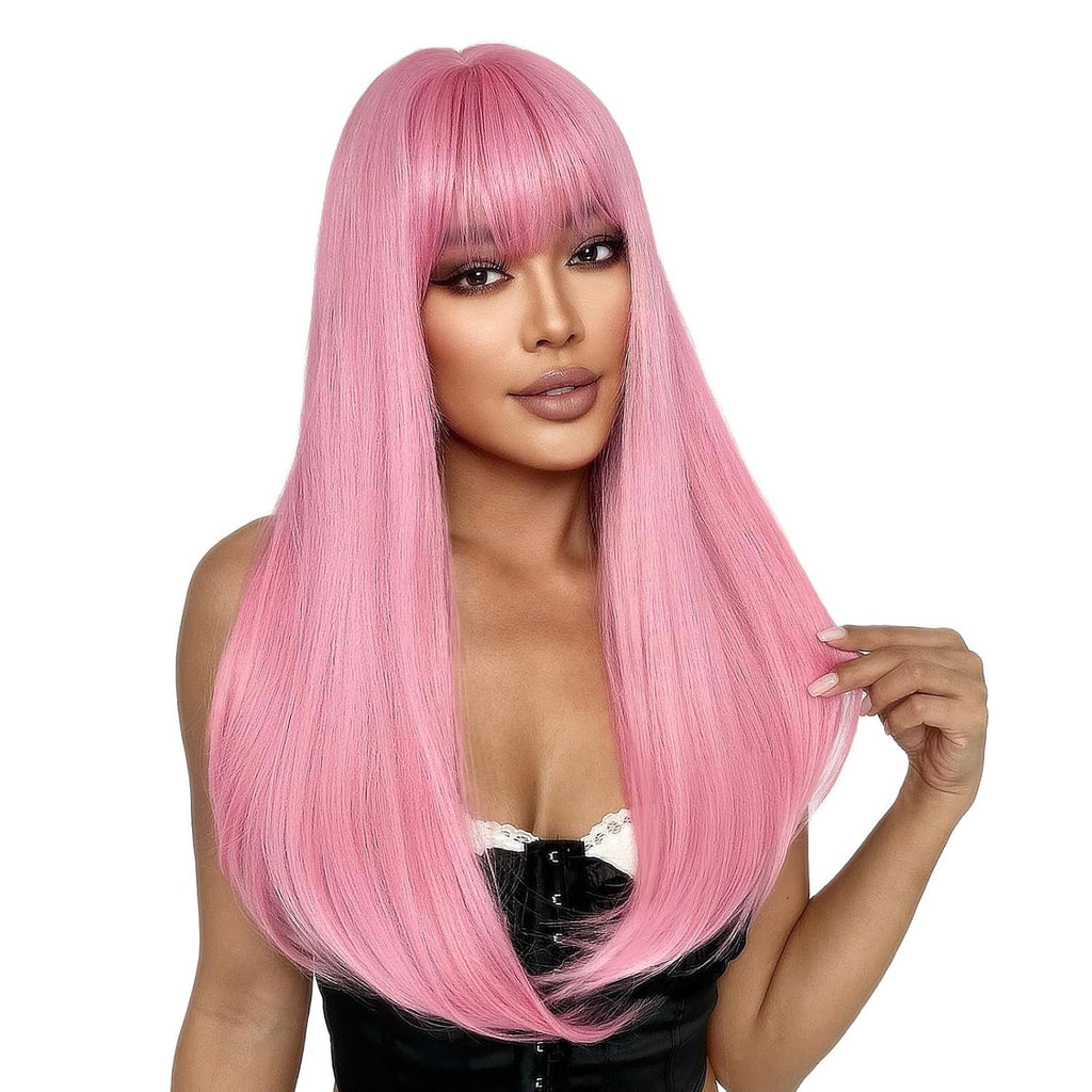 Pink Wig with Bangs - Long Straight 22 Inch Synthetic Hair for Women