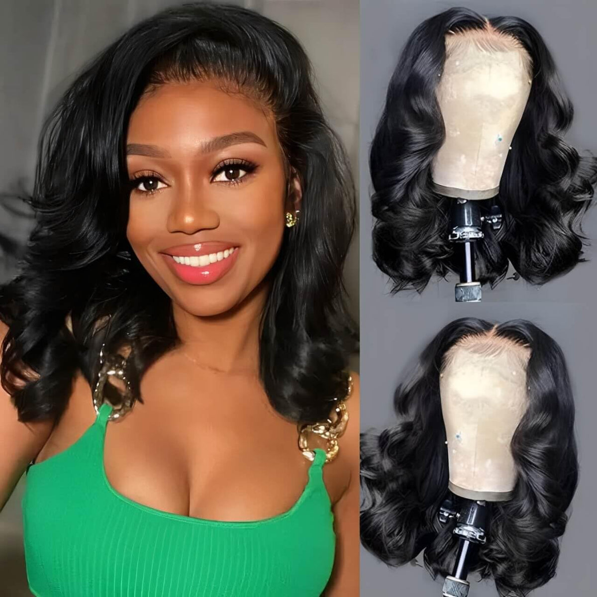 14-Inch Lace Front Bob Wig for Women Natural Black Body Wave Pre-Plucked