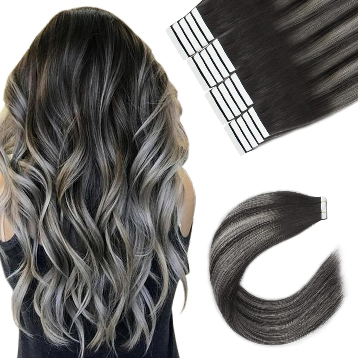 Tape-in Hair Extensions 20pcs 16 Inch Silver White Ombre Human Hair