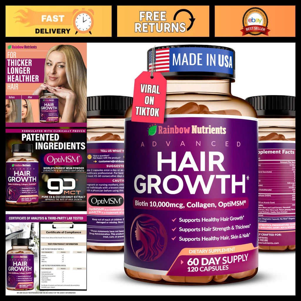 Hair Growth Vitamins for Women - Biotin 10,000mcg, Collagen, Saw Palmetto, MSM