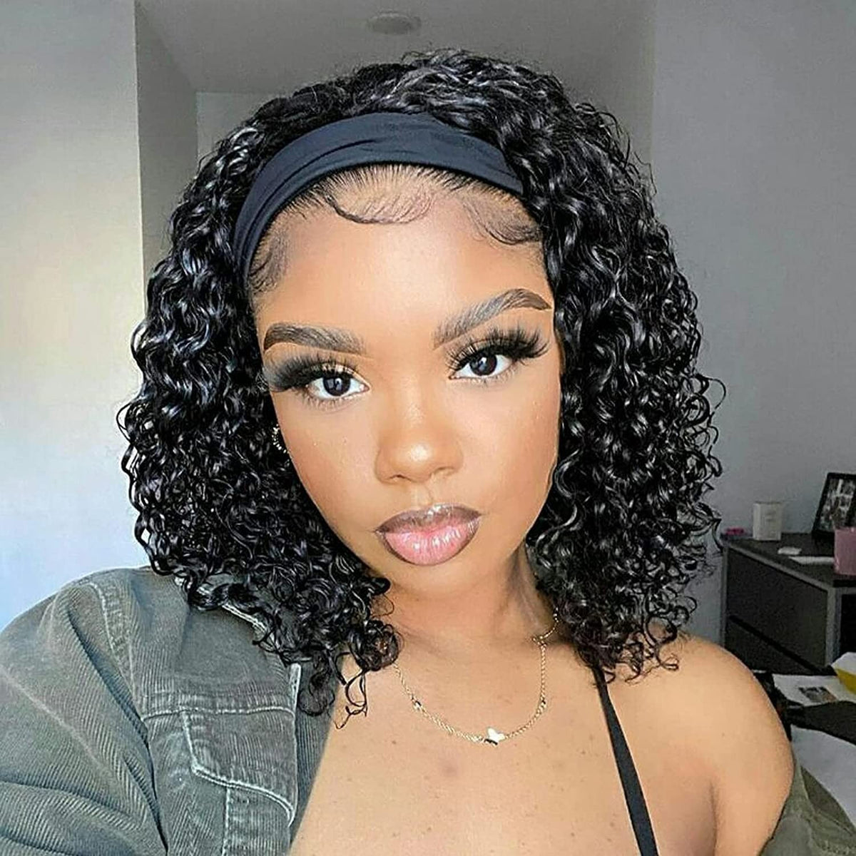 12 Inch Human Hair Deep Wave Curly Headband Wig No Lace Glueless Brazilian Virgin