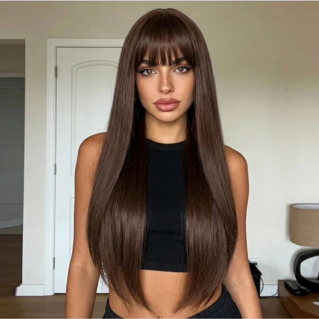 Dark Brown Long Straight Synthetic Wig with Bangs - Beginner Friendly Cosplay Hair