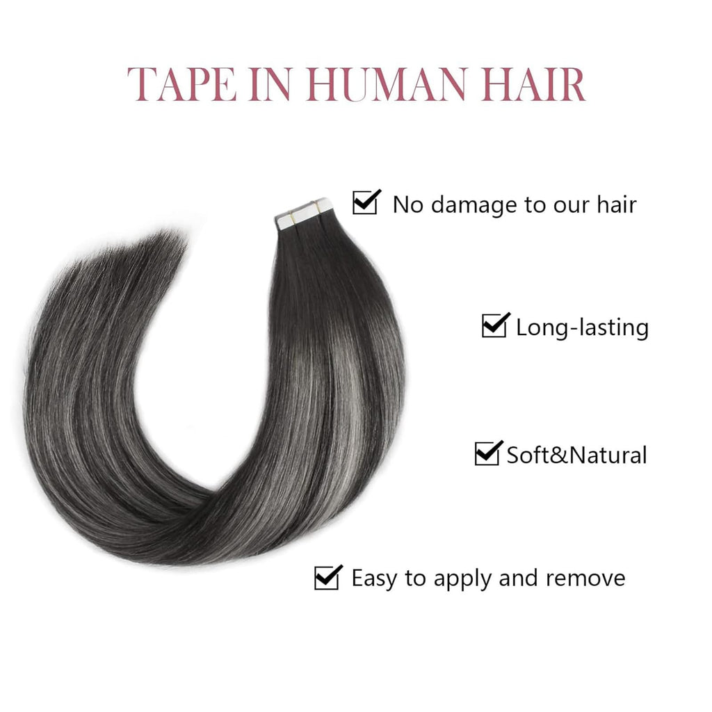 Tape-in Hair Extensions 20pcs 16 Inch Silver White Ombre Human Hair