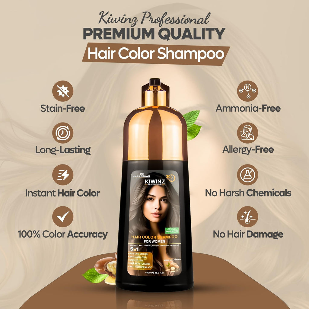 Dark Brown Hair Color Shampoo 5 in 1 Gray Hair Dye - Long Lasting, Ammonia-Free