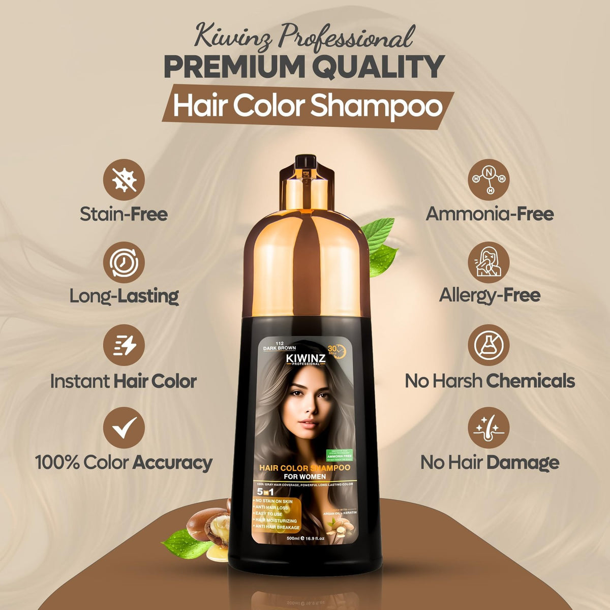 Dark Brown Hair Color Shampoo 5 in 1 Gray Hair Dye - Long Lasting, Ammonia-Free