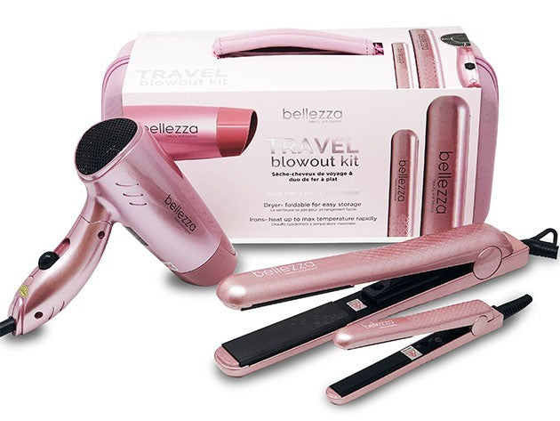 Travel Hair Dryer and Flat Iron Set - Dual Voltage Mini Blowout Kit with Carrying Case