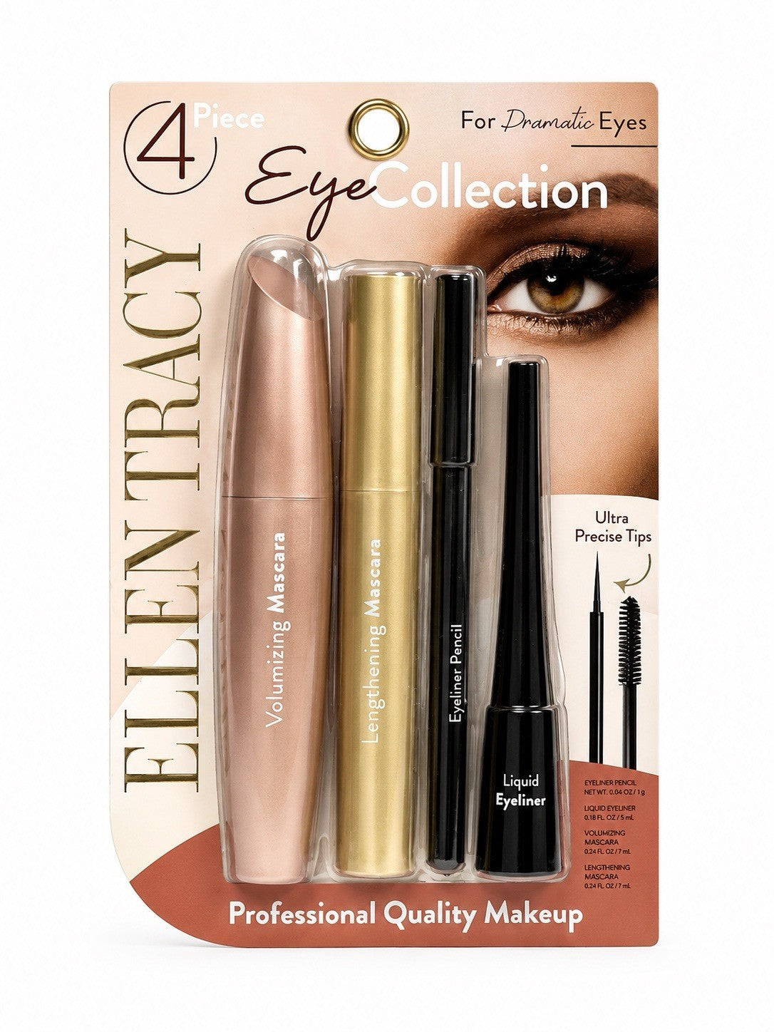 Ellen Tracy 4-Piece Eye Makeup Set: Volumizing & Lengthening Mascara, Liquid Eyeliner, Eyeliner Pencil